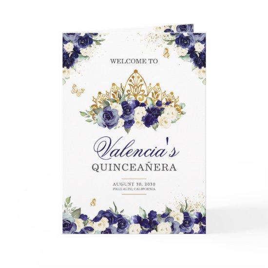 Navy Royal Blue Floral Tiara Butterfly Quinceanera Program