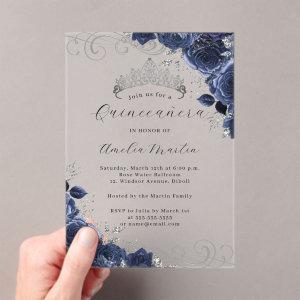 Navy Silver Clear Acrylic Floral Quinceanera  Acrylic