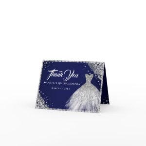 Navy Silver Diamond Sparkle Gown Quinceanera Thank You Card