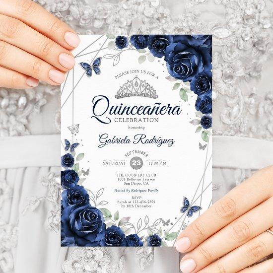 Navy Silver Floral Quinceanera