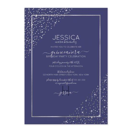 Navy Silver Glitter Confetti Corners Quinceañera