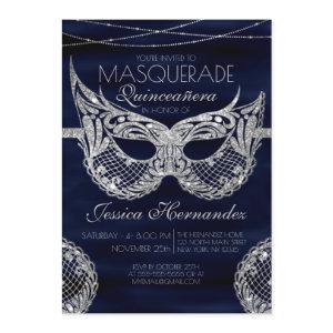 Navy Silver Glitter Lace Masquerade Quinceañera