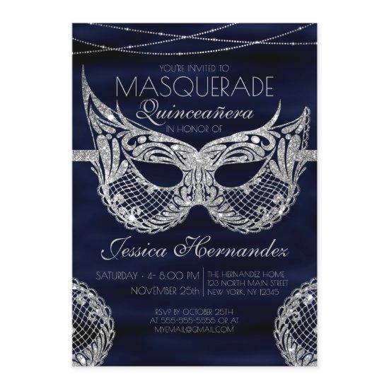 Navy Silver Glitter Lace Masquerade Quinceañera