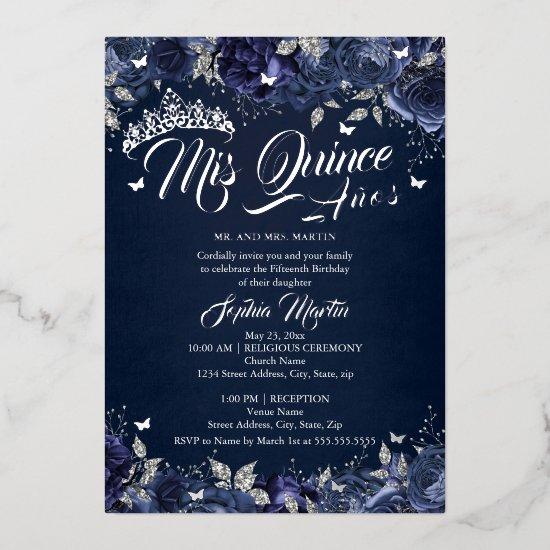 Navy Silver Rose Mis Quince Quinceanera  Foil