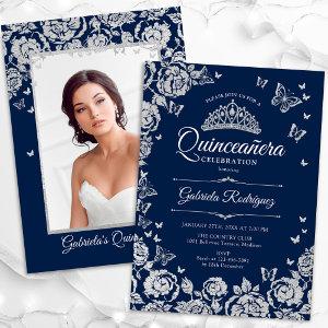 Navy Silver Roses Butterflies Quinceanera Photo