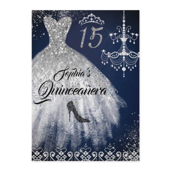 Navy Silver Sparkle Diamond Dress Quinceanera