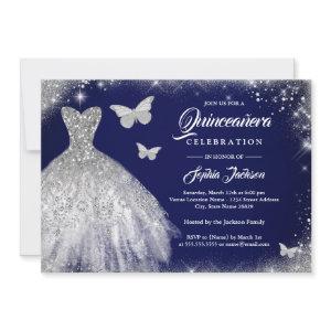 Navy Silver Sparkle Dress Butterfly Quinceanera