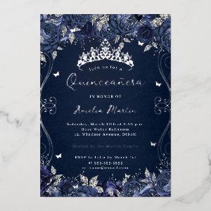 Navy Silver Swirl Scroll Floral Quinceanera  Foil