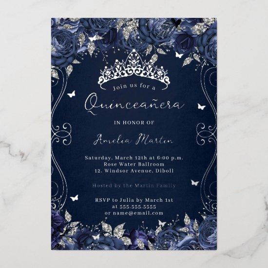 Navy Silver Swirl Scroll Floral Quinceanera  Foil