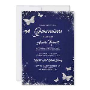 Navy Silver Watercolor Butterfly Dress Quinceanera