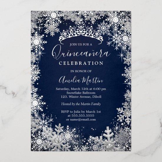 Navy Silver Winter Snowflake Quinceanera Foil