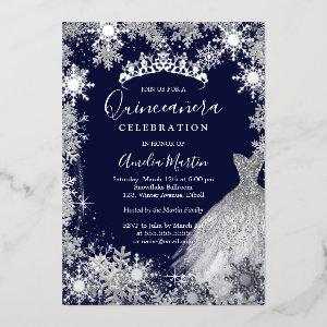 Navy Snowflake Winter Quinceanera  Foil