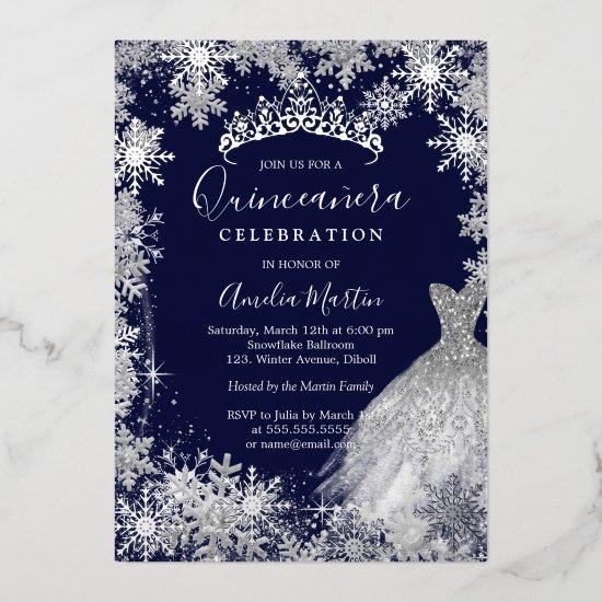 Navy Snowflake Winter Quinceanera  Foil