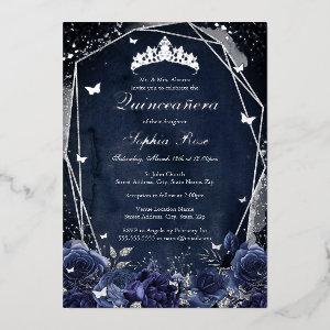 Navy Sparkle Flower Tiara Silver Quinceanera  Foil
