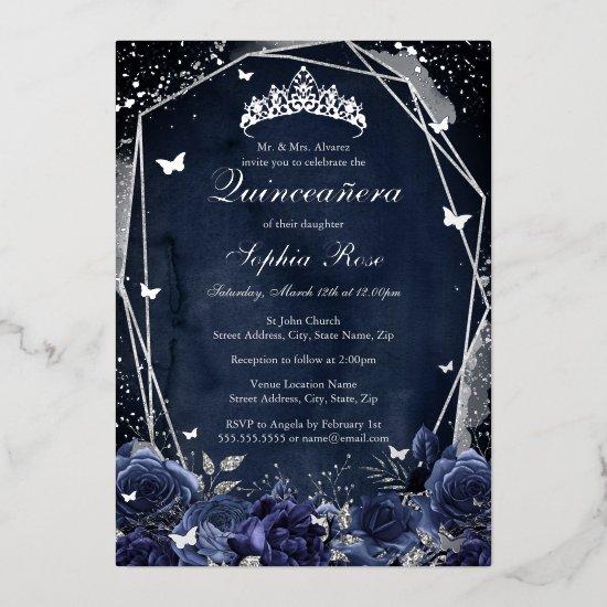 Navy Sparkle Flower Tiara Silver Quinceanera  Foil