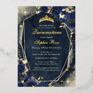 Navy Sparkle Gold Floral Butterfly Quinceanera Foil