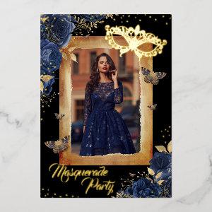 Navy Sweet Sixteen Photo Masquerade Party Rose  Foil