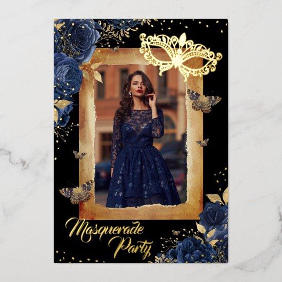 Navy Sweet Sixteen Photo Masquerade Party Rose  Foil