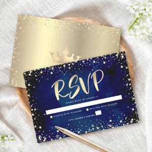 Navy Watercolor Gold Glitter Script Quinceañera RSVP Card