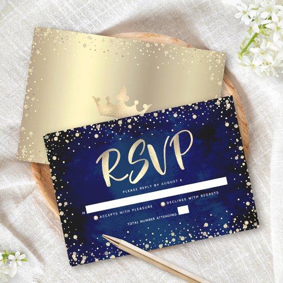 Navy Watercolor Gold Glitter Script Quinceañera RSVP Card