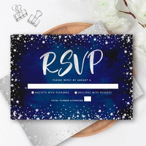 Navy Watercolor Silver Glitter Script Quinceañera RSVP Card