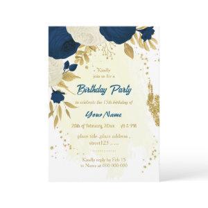 navy & white flowers gold birthday party invitatio