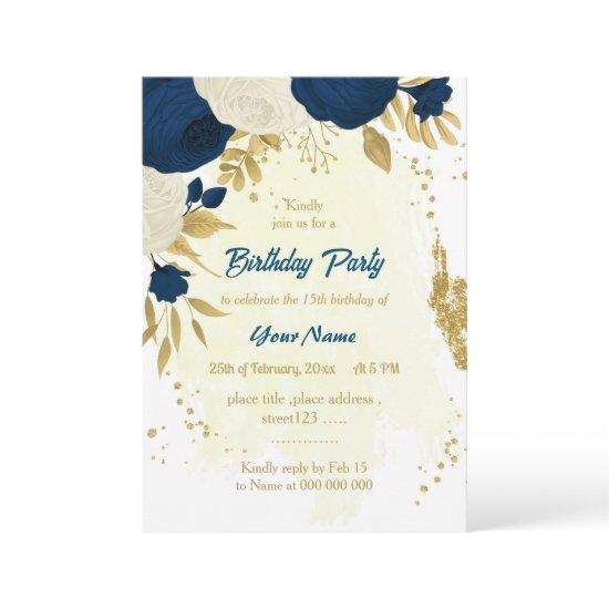 navy & white flowers gold birthday party invitatio