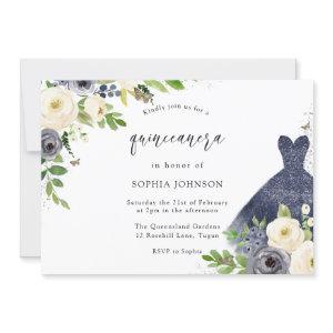 Navy & White Flowers With Dress Quinceanera Party
