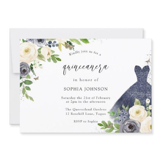 Navy & White Flowers With Dress Quinceanera Party