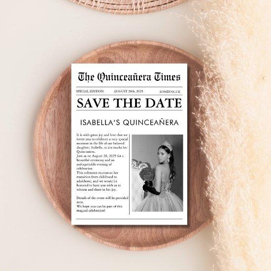 Newspaper black and white unique quinceanera  save the date