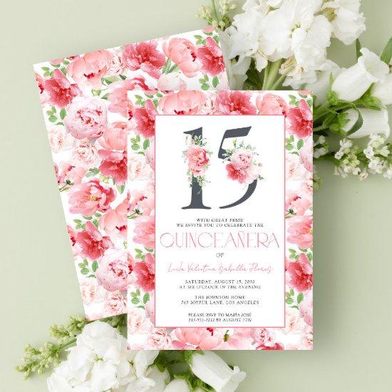 Number 15 Elegant Pink Floral Modern Quinceañera