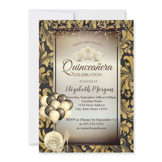 Old Gold Swirls,Balloons,Heels,Tiara Quinceañera