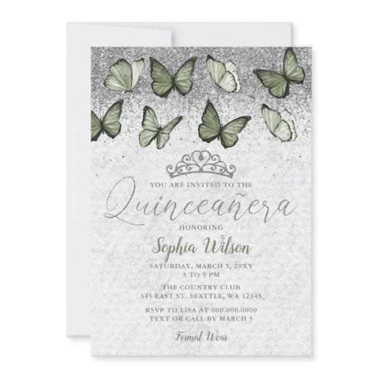 Olive Sage Silver Glitter Butterfly Quinceañera