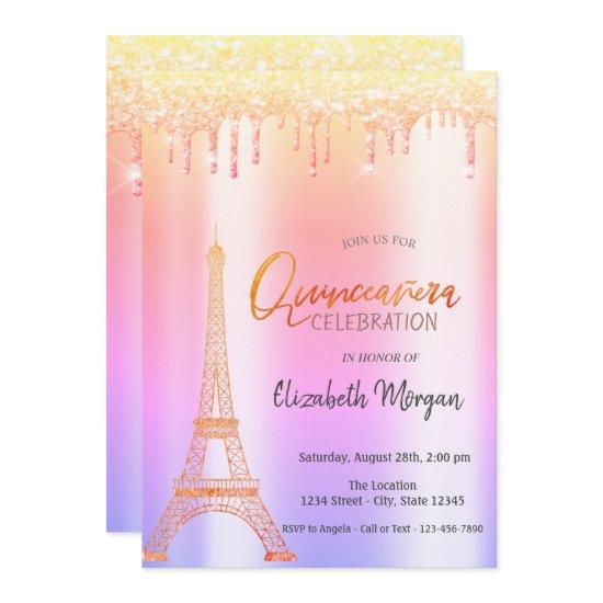 Ombre Glitter Drips,Eiffel Tower Quinceañera