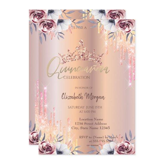 Ombre Glitter Drop Tiara Floral Quinceañera