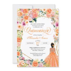 Orange and Pink Roses Peach Floral Quinceanera Inv