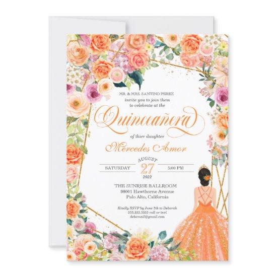 Orange and Pink Roses Summer Floral Quinceanera