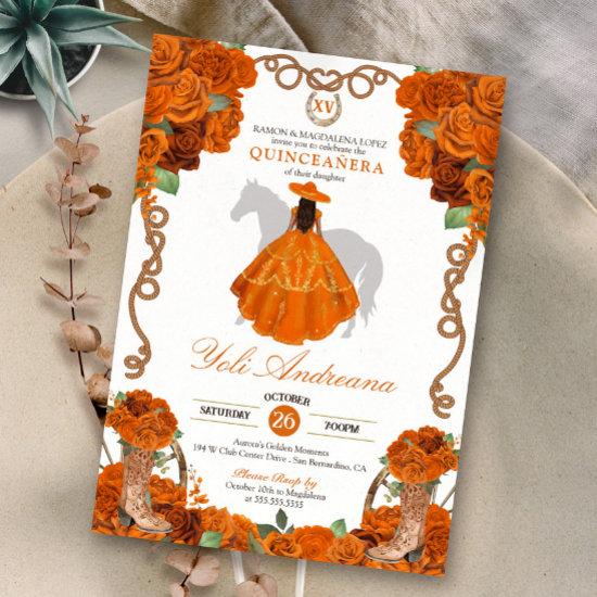 Orange Floral Western Charra Quinceanera