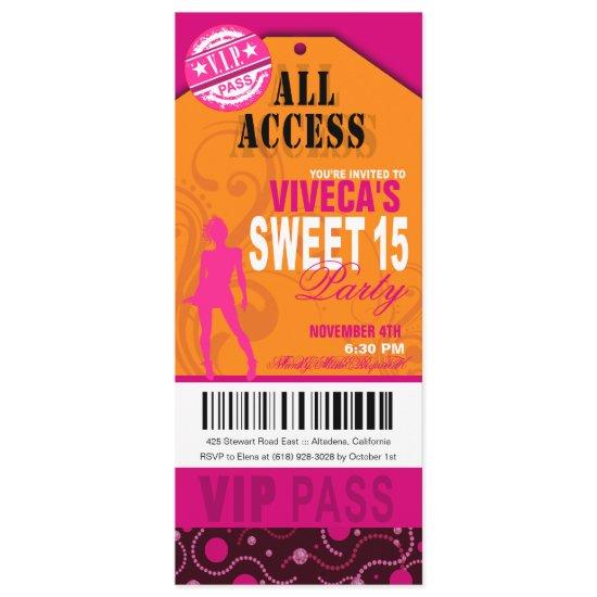 Orange, Pink and Fuschia VIP Sweet 15 Ticket