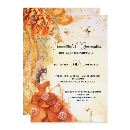 Orange Quinceañera peony ballgown flowers elegant