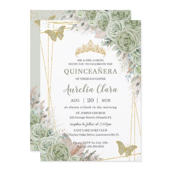 Pampas Sage Green Floral Butterflies Quinceañera