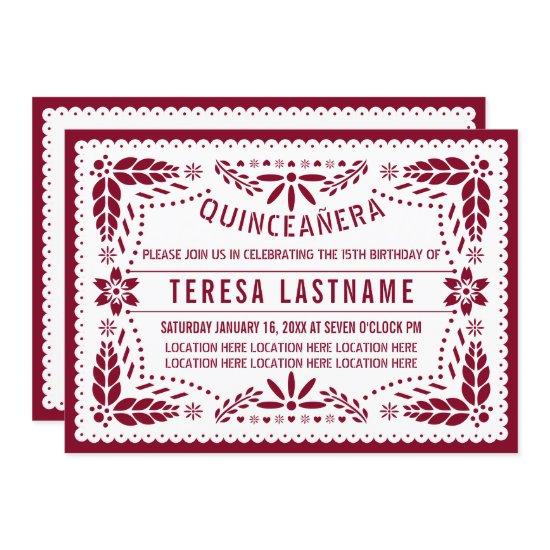 Papel picado burgundy, white Mexican Quinceañera