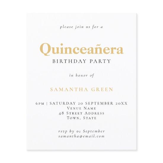 PAPER Gold Black Text Quinceañera Birthday Invite