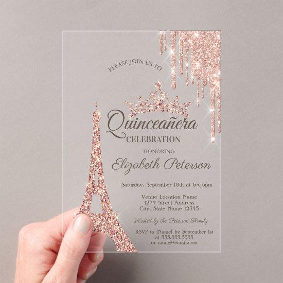 Paris Eiffel Tower,Drip Rose Gold Quinceañera  Acrylic