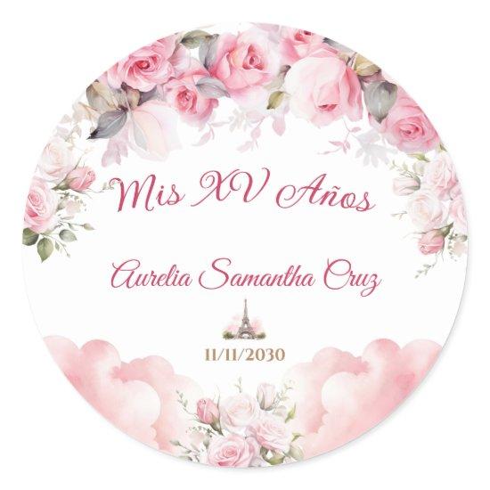 Paris Theme Pink Quinceañera Sticker Floral