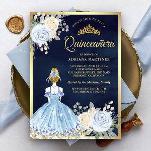 Pastel Blue Floral Dress Navy Gold Quinceanera