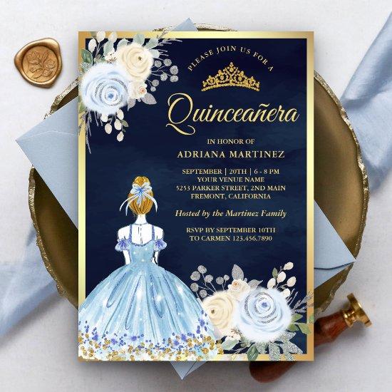Pastel Blue Floral Dress Navy Gold Quinceanera