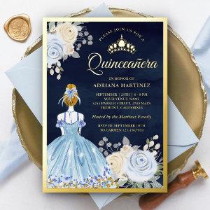 Pastel Blue Floral Dress Navy Quinceanera Gold Foil