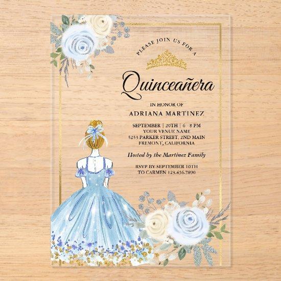 Pastel Blue Floral Dress Princess Gold Quinceanera Acrylic