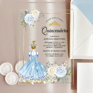 Pastel Blue Floral Dress Princess Gold Quinceanera Acrylic